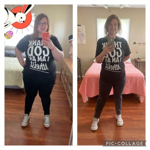 A progress pic of a 5'8" woman showing a fat loss from 304 pounds to 121 pounds. A net loss of 183 pounds.