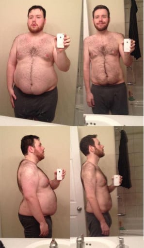A before and after photo of a 5'11" male showing a weight reduction from 308 pounds to 188 pounds. A respectable loss of 120 pounds.