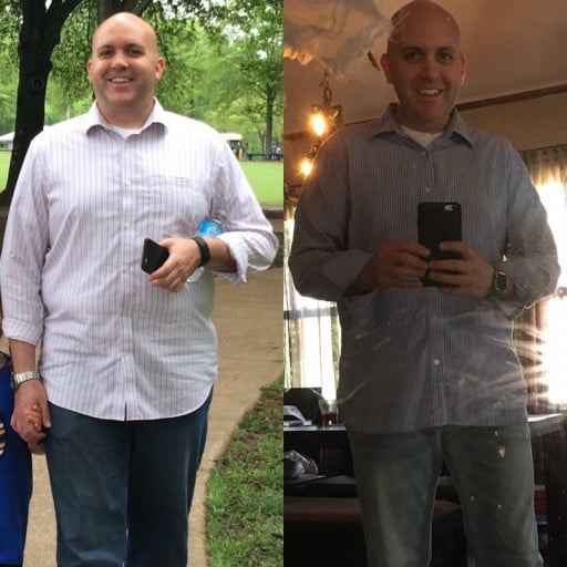 A progress pic of a 6'1" man showing a fat loss from 254 pounds to 213 pounds. A respectable loss of 41 pounds.