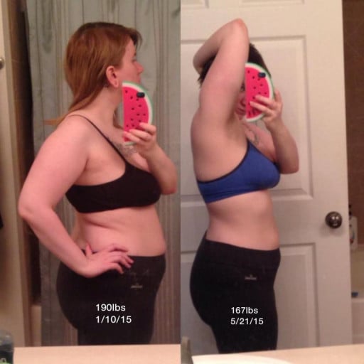 A progress pic of a 5'3" woman showing a fat loss from 190 pounds to 167 pounds. A net loss of 23 pounds.