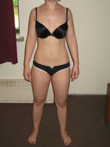 A before and after photo of a 5'2" female showing a snapshot of 120 pounds at a height of 5'2
