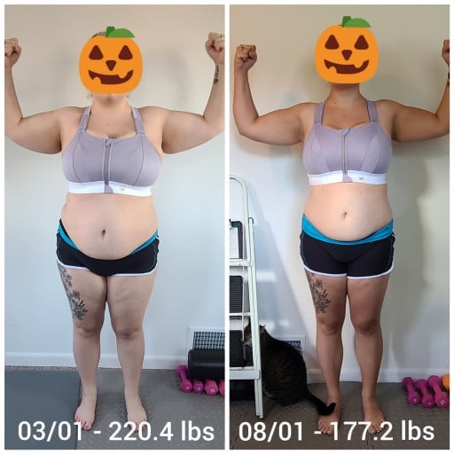 A progress pic of a 5'5" woman showing a fat loss from 220 pounds to 177 pounds. A respectable loss of 43 pounds.