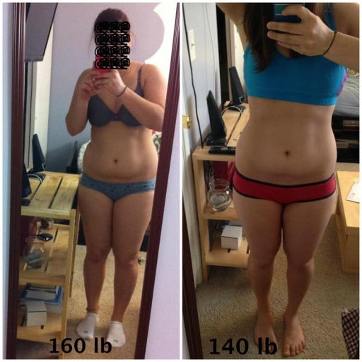 A photo of a 5'2" woman showing a weight loss from 160 pounds to 140 pounds. A net loss of 20 pounds.