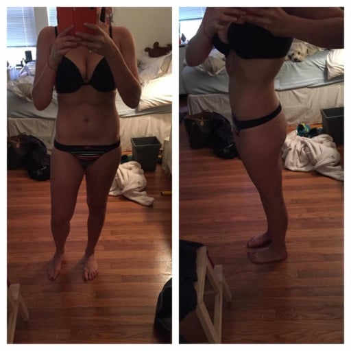 A before and after photo of a 5'2" female showing a snapshot of 134 pounds at a height of 5'2