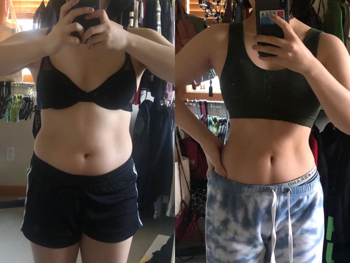 A before and after photo of a 4'10" female showing a weight reduction from 118 pounds to 105 pounds. A respectable loss of 13 pounds.