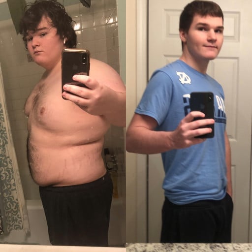 A before and after photo of a 5'9" male showing a weight reduction from 292 pounds to 155 pounds. A net loss of 137 pounds.