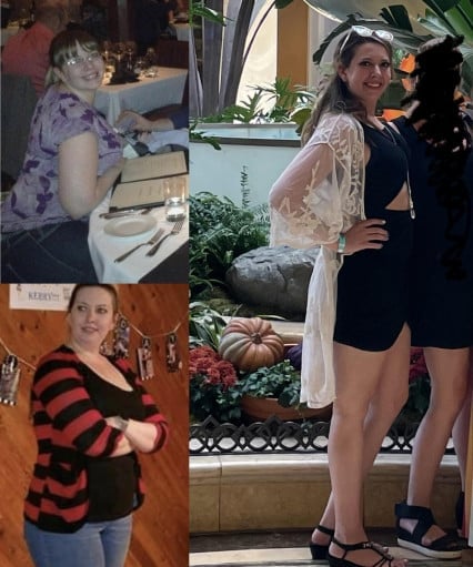 A before and after photo of a 5'8" female showing a weight reduction from 230 pounds to 165 pounds. A total loss of 65 pounds.