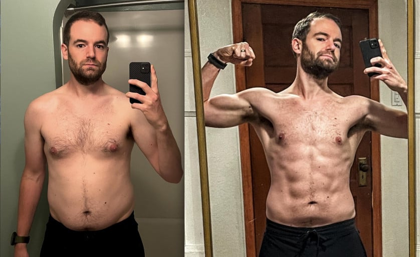 A picture of a 5'10" male showing a weight loss from 176 pounds to 166 pounds. A total loss of 10 pounds.
