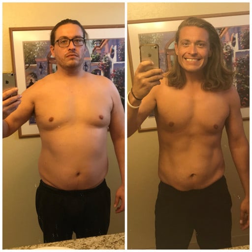 A before and after photo of a 5'11" male showing a weight reduction from 243 pounds to 190 pounds. A net loss of 53 pounds.