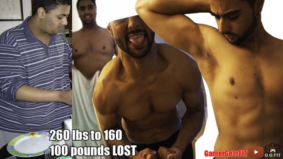 A picture of a 5'11" male showing a weight loss from 260 pounds to 160 pounds. A total loss of 100 pounds.