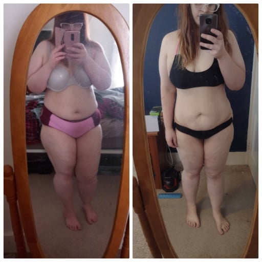 A before and after photo of a 5'7" female showing a weight reduction from 265 pounds to 200 pounds. A net loss of 65 pounds.