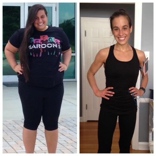 A picture of a 5'2" female showing a weight loss from 240 pounds to 100 pounds. A total loss of 140 pounds.