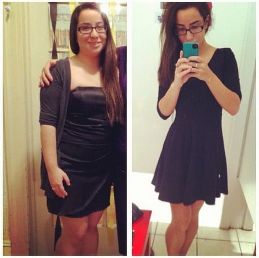 A before and after photo of a 5'0" female showing a weight reduction from 155 pounds to 102 pounds. A total loss of 53 pounds.