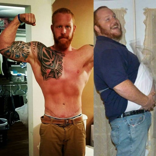 A progress pic of a 6'1" man showing a fat loss from 350 pounds to 223 pounds. A respectable loss of 127 pounds.