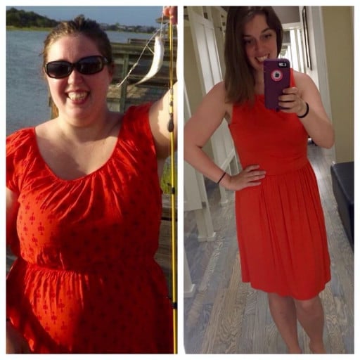 A picture of a 5'4" female showing a weight loss from 200 pounds to 130 pounds. A respectable loss of 70 pounds.