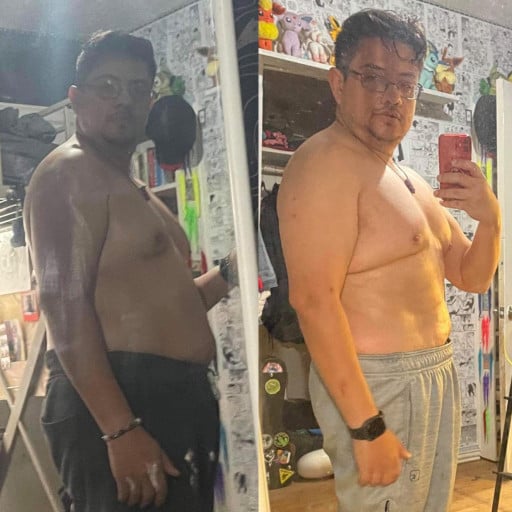 A progress pic of a 5'5" man showing a fat loss from 191 pounds to 187 pounds. A total loss of 4 pounds.