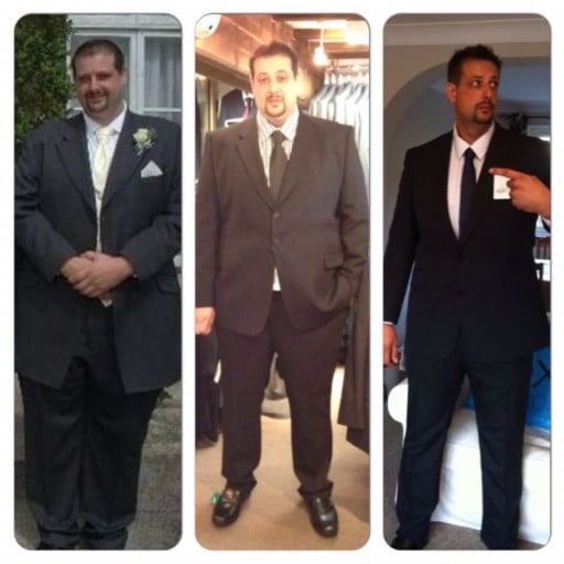 A picture of a 6'4" male showing a weight loss from 365 pounds to 272 pounds. A total loss of 93 pounds.