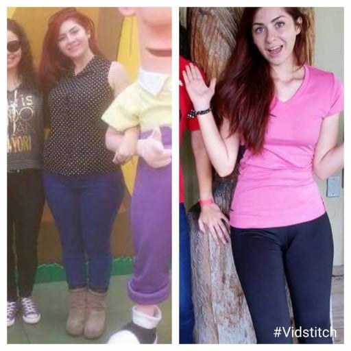 A before and after photo of a 5'4" female showing a weight reduction from 160 pounds to 122 pounds. A net loss of 38 pounds.