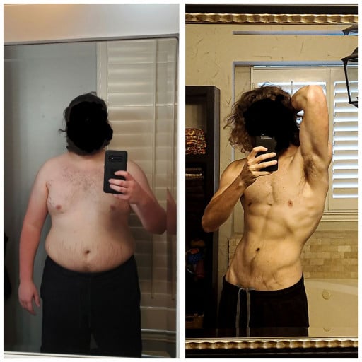 A before and after photo of a 6'1" male showing a weight reduction from 310 pounds to 176 pounds. A respectable loss of 134 pounds.