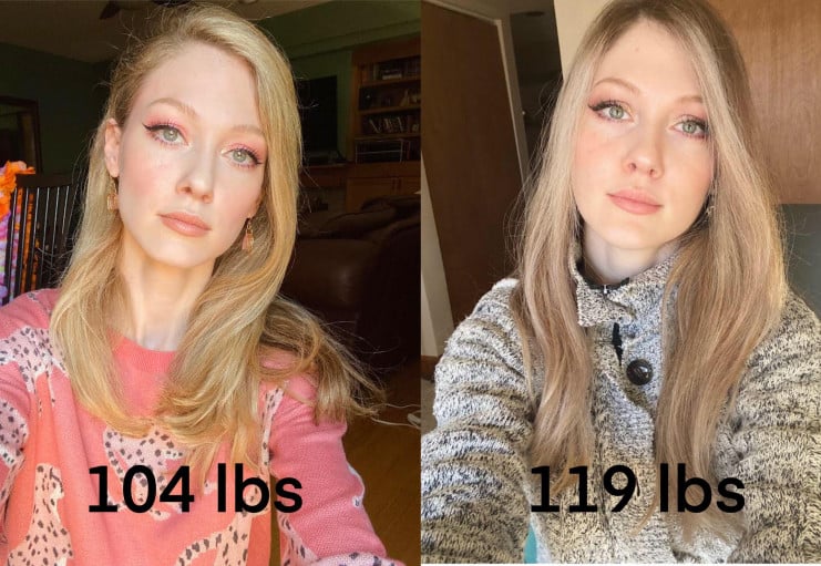Before and After 15 lbs Weight Gain 5'7 Female 104 lbs to 119 lbs