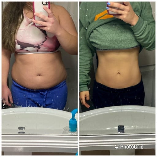 A progress pic of a 5'3" woman showing a fat loss from 167 pounds to 127 pounds. A total loss of 40 pounds.