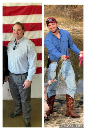 A before and after photo of a 6'2" male showing a weight reduction from 300 pounds to 215 pounds. A respectable loss of 85 pounds.