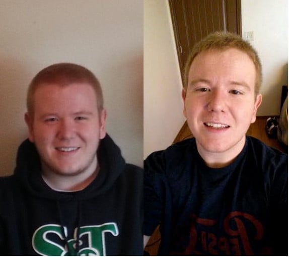 A picture of a 5'11" male showing a weight loss from 250 pounds to 215 pounds. A total loss of 35 pounds.