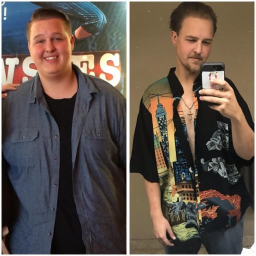 A before and after photo of a 6'7" male showing a weight reduction from 350 pounds to 240 pounds. A total loss of 110 pounds.