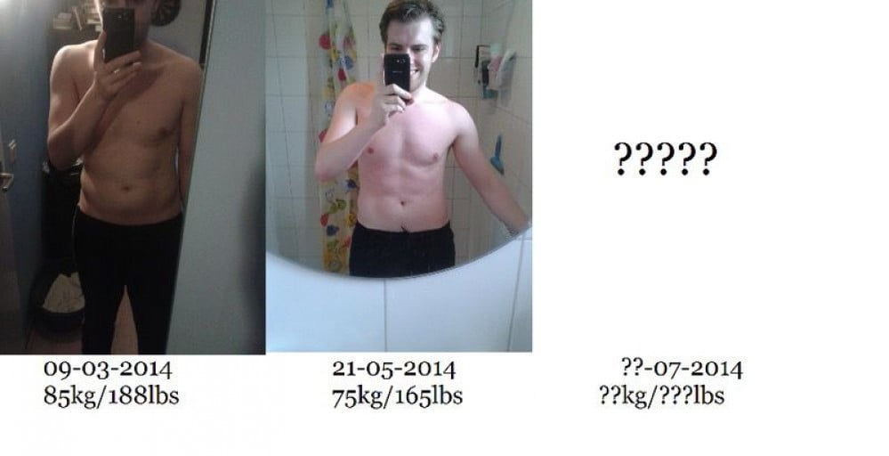 A progress pic of a 5'11" man showing a fat loss from 188 pounds to 165 pounds. A total loss of 23 pounds.