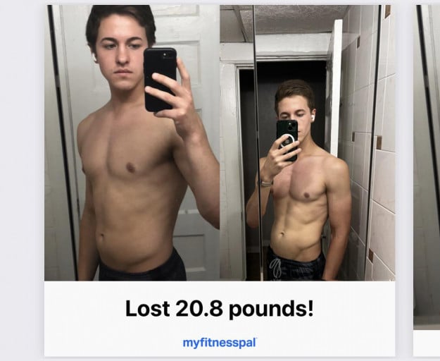 A progress pic of a 5'9" man showing a fat loss from 168 pounds to 147 pounds. A net loss of 21 pounds.