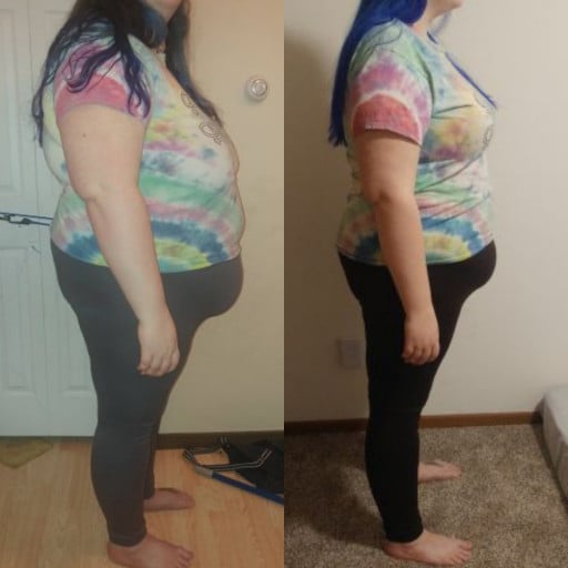 A progress pic of a 5'8" woman showing a fat loss from 370 pounds to 270 pounds. A total loss of 100 pounds.