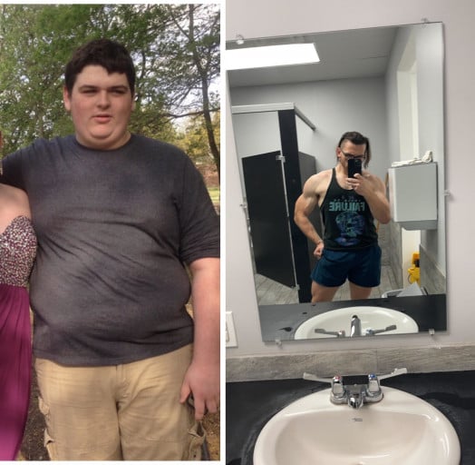 A progress pic of a 6'1" man showing a fat loss from 340 pounds to 225 pounds. A respectable loss of 115 pounds.