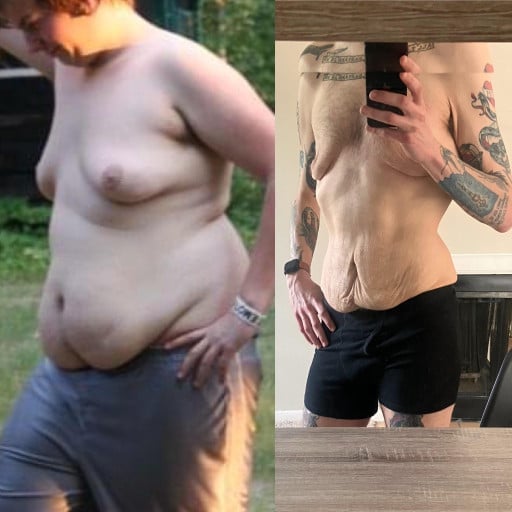 A before and after photo of a 6'0" male showing a weight reduction from 253 pounds to 147 pounds. A respectable loss of 106 pounds.