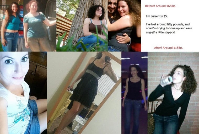 A picture of a 5'3" female showing a weight loss from 165 pounds to 115 pounds. A respectable loss of 50 pounds.