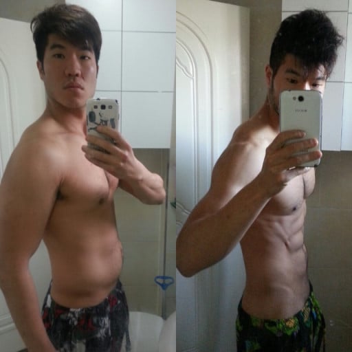 A before and after photo of a 5'8" male showing a weight cut from 185 pounds to 167 pounds. A total loss of 18 pounds.