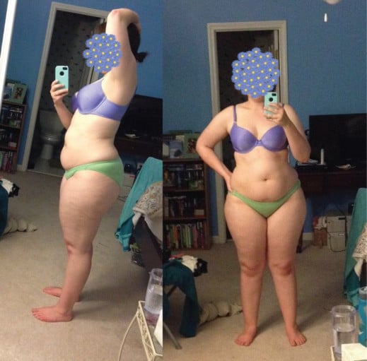 A picture of a 5'5" female showing a fat loss from 205 pounds to 168 pounds. A total loss of 37 pounds.