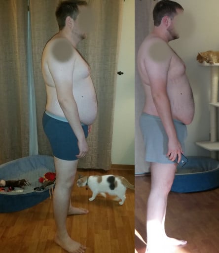 A picture of a 6'2" male showing a weight reduction from 297 pounds to 269 pounds. A total loss of 28 pounds.