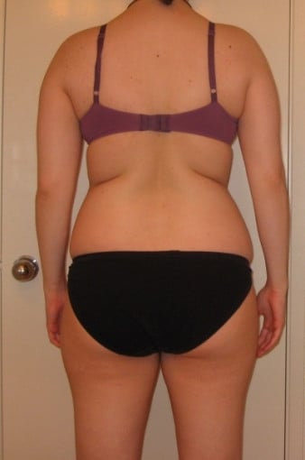 A before and after photo of a 5'8" female showing a snapshot of 165 pounds at a height of 5'8