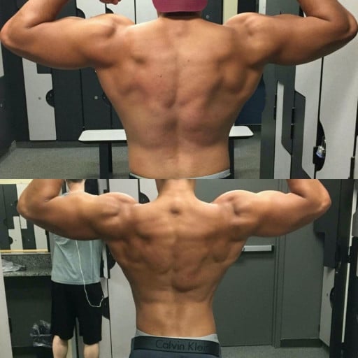 A before and after photo of a 5'8" male showing a weight reduction from 180 pounds to 165 pounds. A net loss of 15 pounds.