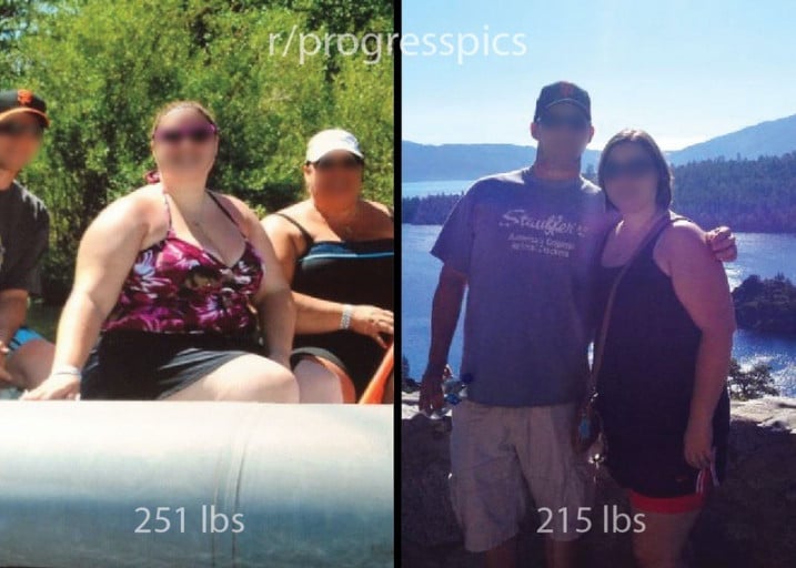 A photo of a 5'5" woman showing a weight cut from 251 pounds to 215 pounds. A net loss of 36 pounds.