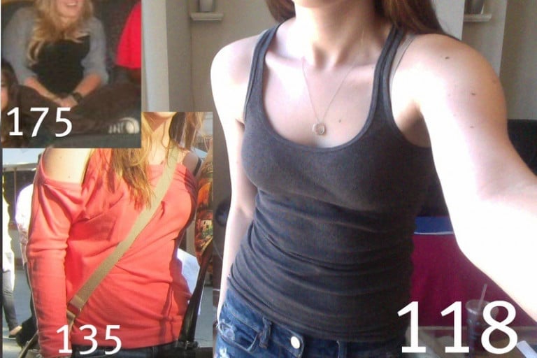 A before and after photo of a 5'5" female showing a weight reduction from 175 pounds to 118 pounds. A net loss of 57 pounds.