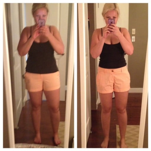 A before and after photo of a 5'3" female showing a weight loss from 154 pounds to 134 pounds. A total loss of 20 pounds.