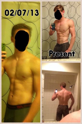 A progress pic of a 5'10" man showing a weight bulk from 130 pounds to 165 pounds. A total gain of 35 pounds.
