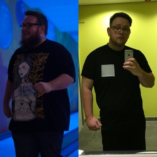 A progress pic of a 6'2" man showing a fat loss from 322 pounds to 272 pounds. A net loss of 50 pounds.