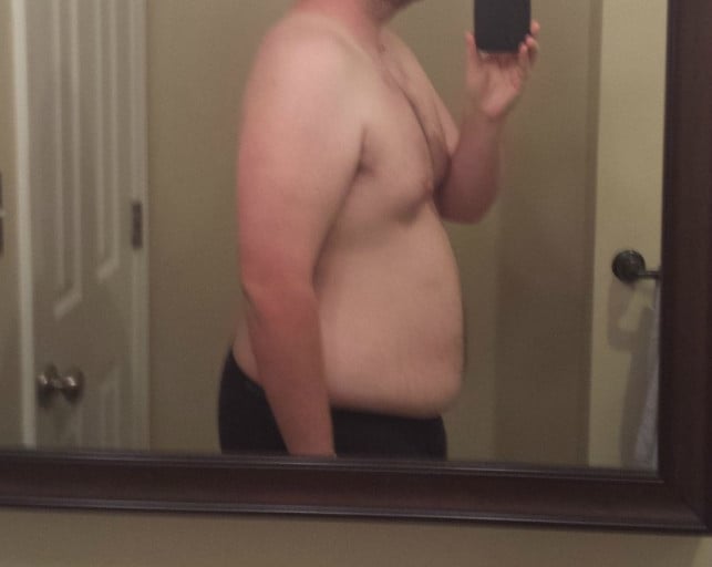 A picture of a 5'10" male showing a weight cut from 300 pounds to 251 pounds. A net loss of 49 pounds.
