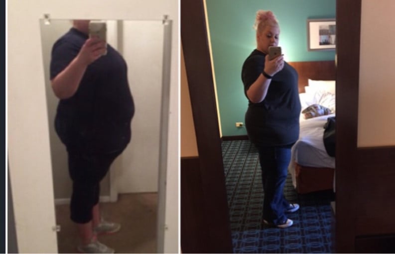 A progress pic of a 5'11" woman showing a fat loss from 386 pounds to 336 pounds. A net loss of 50 pounds.
