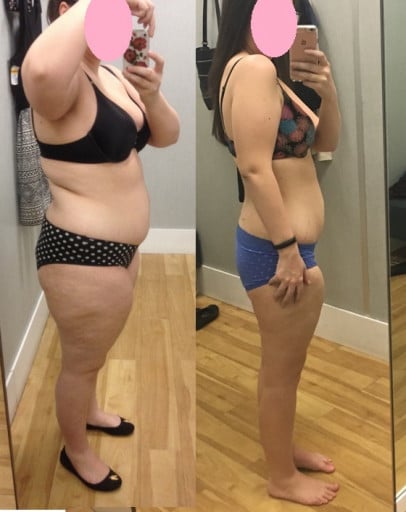 A picture of a 5'2" female showing a weight reduction from 190 pounds to 135 pounds. A respectable loss of 55 pounds.