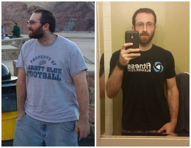 A progress pic of a 5'11" man showing a fat loss from 255 pounds to 180 pounds. A net loss of 75 pounds.