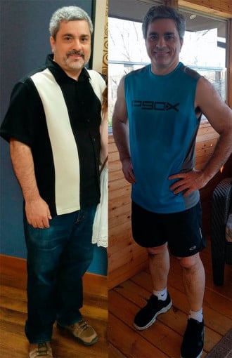 A before and after photo of a 5'7" male showing a weight reduction from 215 pounds to 165 pounds. A respectable loss of 50 pounds.