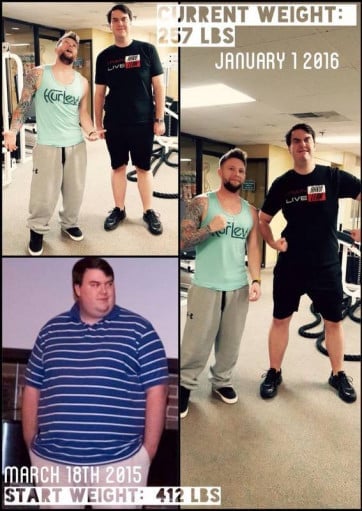 A before and after photo of a 6'4" male showing a weight reduction from 412 pounds to 250 pounds. A total loss of 162 pounds.